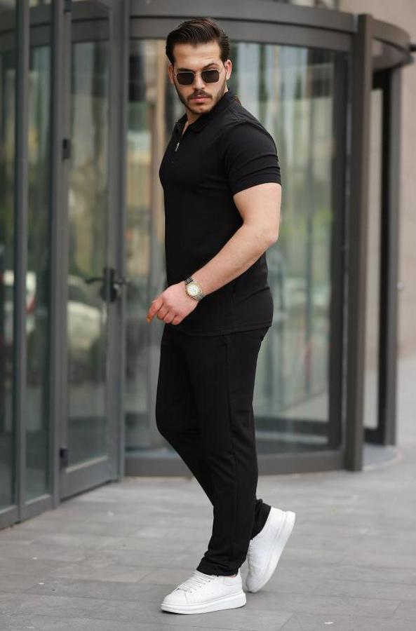 Yakalı Fermuarlı T-Shirt Pantolon Ikili Rahat Takım