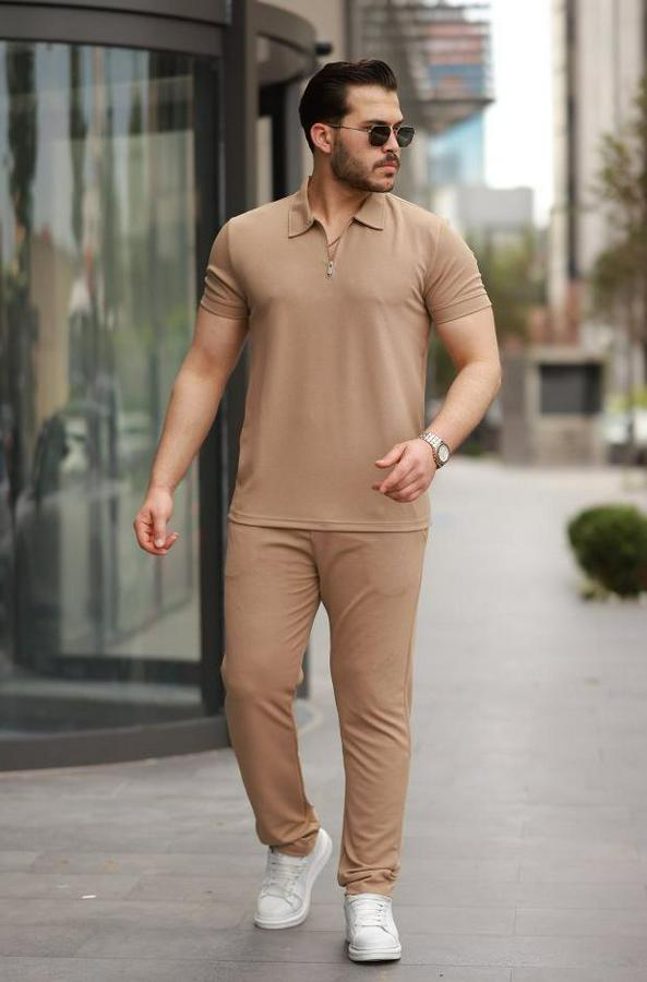 Yakalı Fermuarlı T-Shirt Pantolon Ikili Rahat Takım