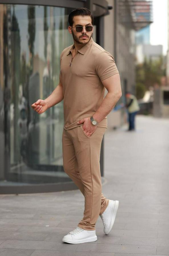 Yakalı Fermuarlı T-Shirt Pantolon Ikili Rahat Takım