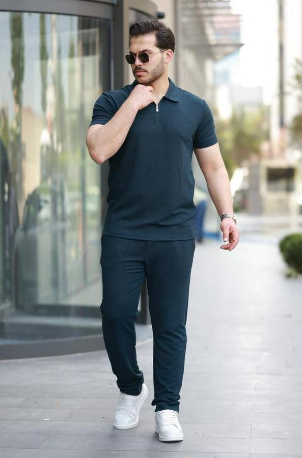 Yakalı Fermuarlı T-Shirt Pantolon Ikili Rahat Takım