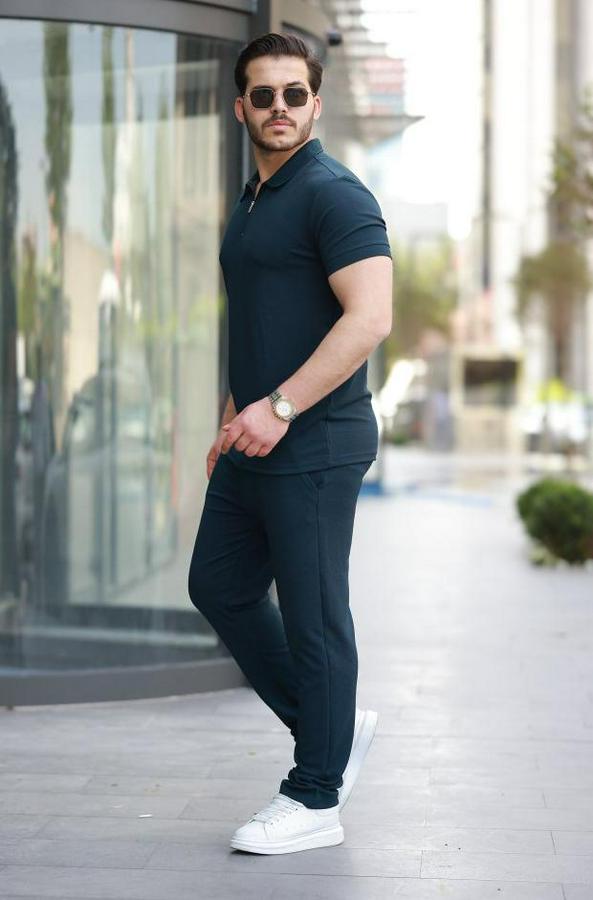 Yakalı Fermuarlı T-Shirt Pantolon Ikili Rahat Takım