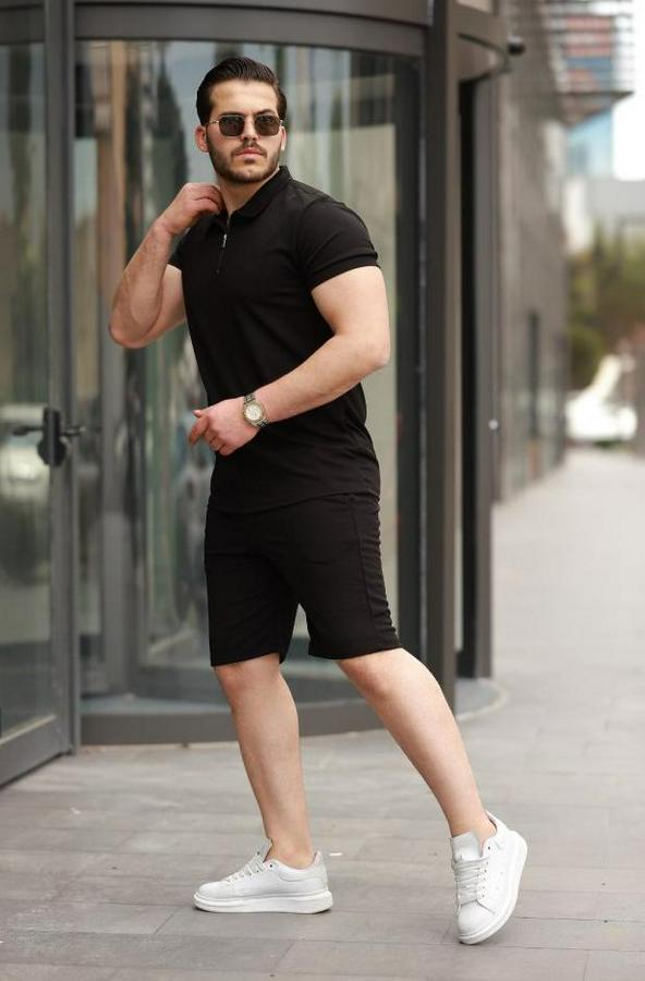 Yakalı Fermuarlı T-Shirt Şort Ikili Takım