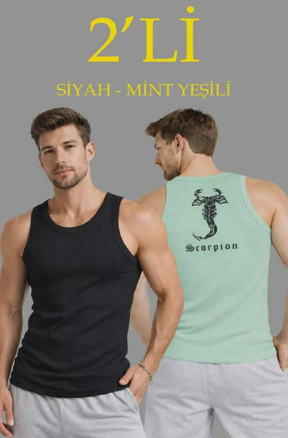 Spor Fitilli Atlet 2li Set Siyah Ve Mint Yeşili Slim Fit Kaşkorse Arka Baskılı Spor Atlet