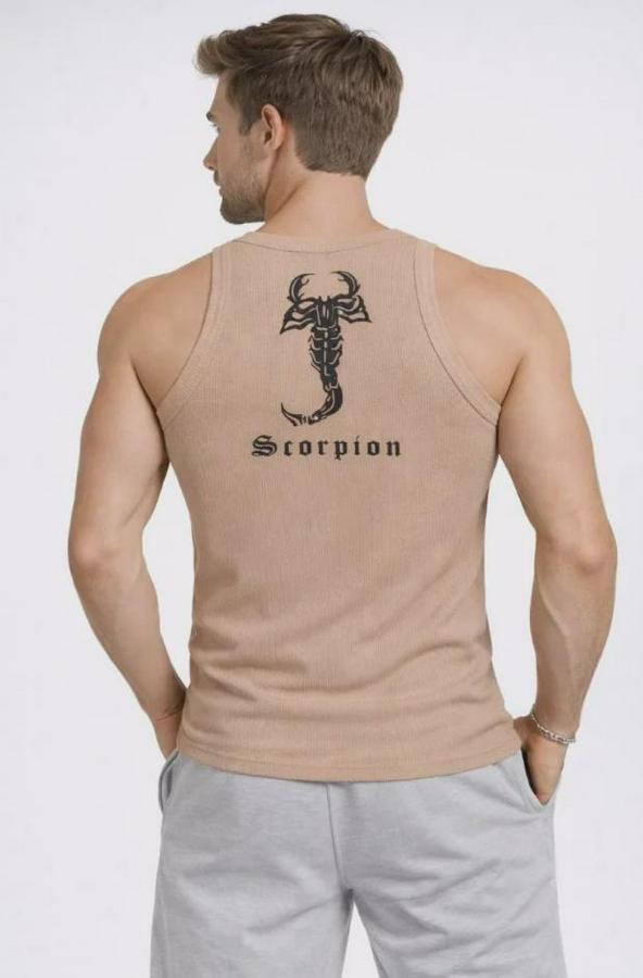 Spor Fitilli Atlet 2li Set Kahverengi Ve Beyaz Slim Fit Kaşkorse Arka Baskılı Spor Atlet
