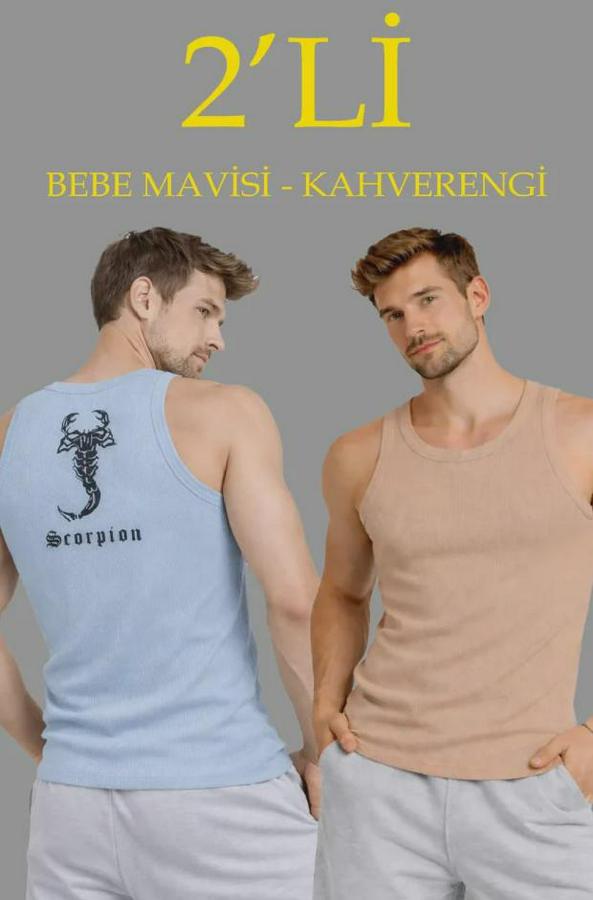 Spor Fitilli Atlet 2li Set Kahverengi Ve Bebek Mavisi Slim Fit Kaşkorse Arka Baskılı Spor Atlet