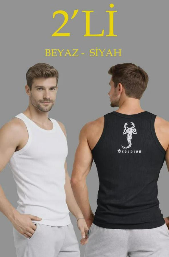 Spor Fitilli Atlet 2li Set Siyah Ve Beyaz Slim Fit Kaşkorse Arka Baskılı Spor Atlet