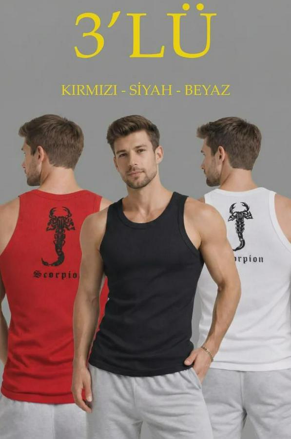 Spor Fitilli Atlet 3lü Set Kırmızı, Siyah Ve Beyaz Slim Fit Kaşkorse Arka Baskılı Spor Atlet