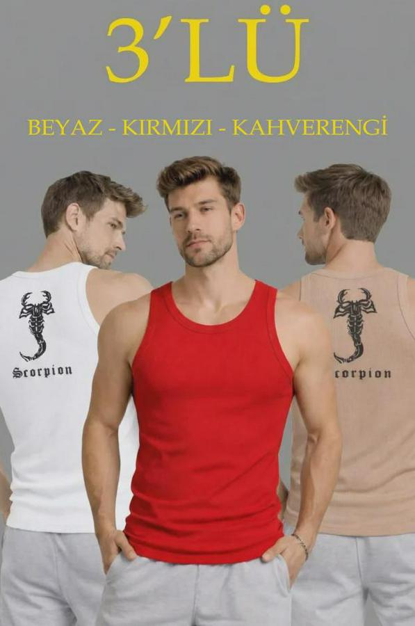 Spor Fitilli Atlet 3lü Set Beyaz, Kırmızı Ve Kahverengi Slim Fit Kaşkorse Arka Baskılı Spor Atlet