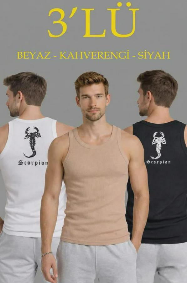 Spor Fitilli Atlet 3lü Set Beyaz, Siyah Ve Kahverengi Slim Fit Kaşkorse Arka Baskılı Spor Atlet