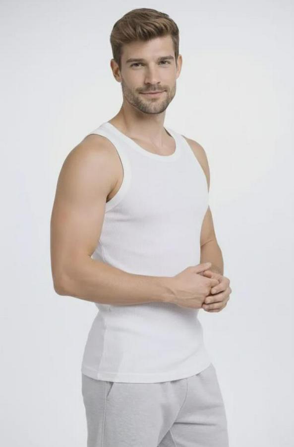 Spor Fitilli Atlet 3lü Set Beyaz, Siyah Ve Kahverengi Slim Fit Kaşkorse Arka Baskılı Spor Atlet