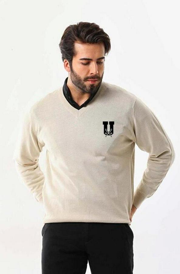 Baskılı V Yaka Uzun Kol Dokuma Triko