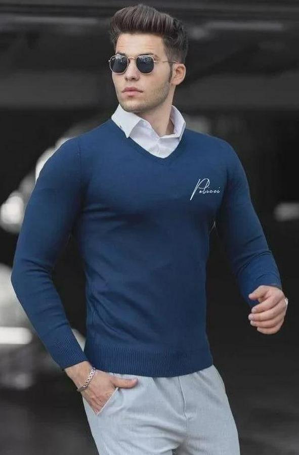 Baskılı V Yaka Uzun Kol Dokuma Triko