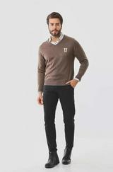 Baskılı V Yaka Uzun Kol Dokuma Triko