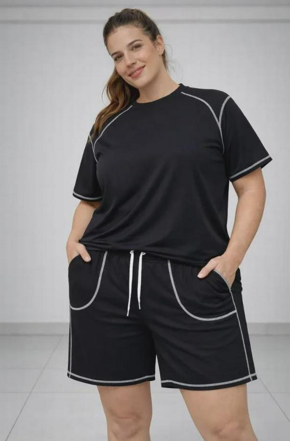 Battal Beden Kısa Kollu Tişört Şort Takım Kontrast Dikiş Detaylı Günlük Ev Giyimi