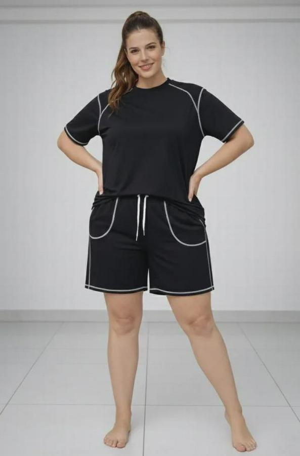 Battal Beden Kısa Kollu Tişört Şort Takım Kontrast Dikiş Detaylı Günlük Ev Giyimi