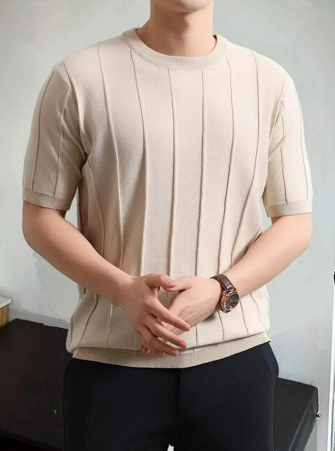 Kısa Kollu Bisiklet Yaka Çizgili Triko Bluz