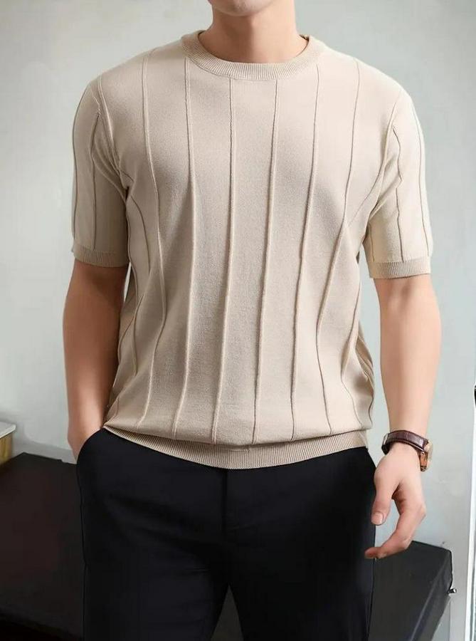 Kısa Kollu Bisiklet Yaka Çizgili Triko Bluz