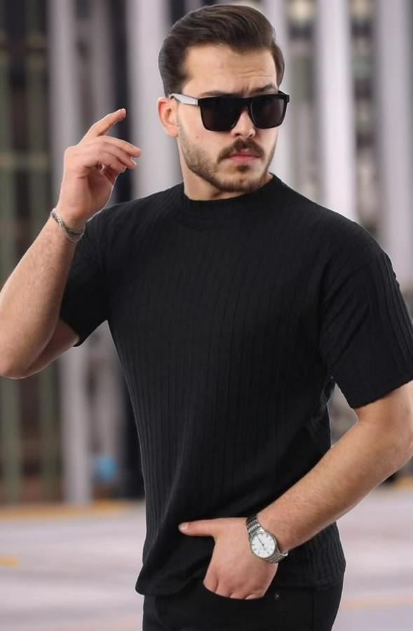 Kısa Kollu Örgü Kumaş Bisiklet Yaka T-Shirt