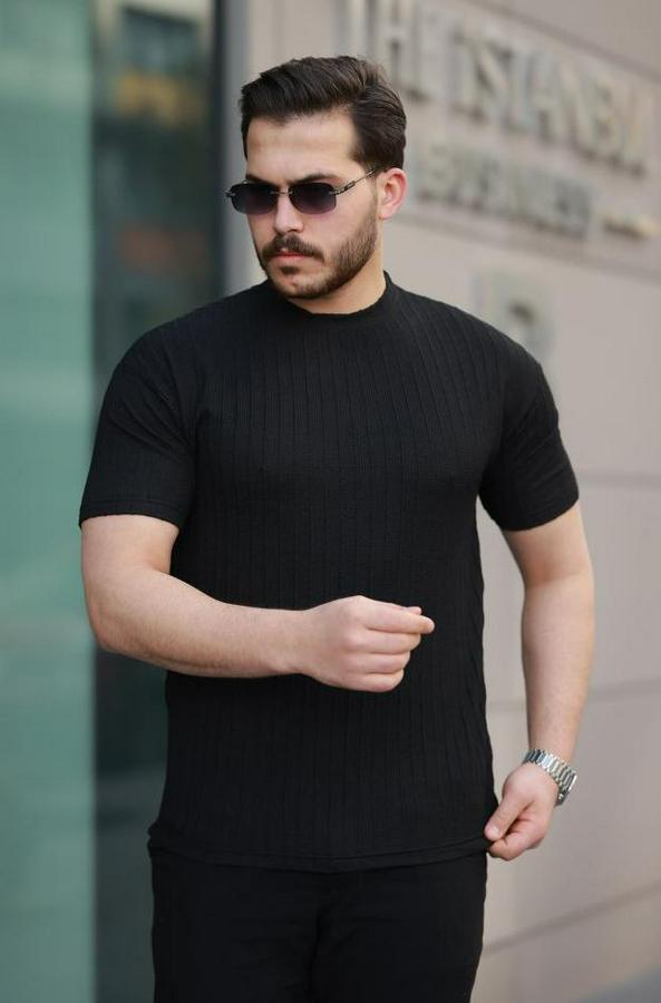 Kısa Kollu Örgü Kumaş Bisiklet Yaka T-Shirt