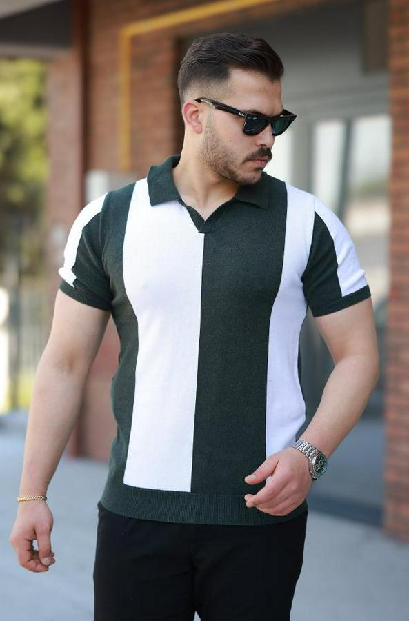 Kısa Kollu Polo Yakalı Blok Desenli Triko Bluz