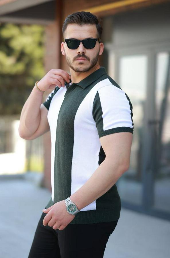 Kısa Kollu Polo Yakalı Blok Desenli Triko Bluz