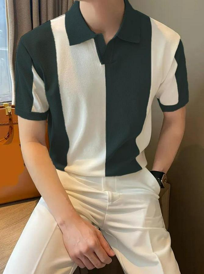 Kısa Kollu Polo Yakalı Blok Desenli Triko Bluz