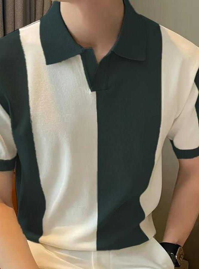 Kısa Kollu Polo Yakalı Blok Desenli Triko Bluz