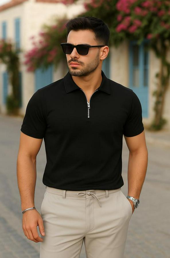 Kısa Kollu Yakalı Önden Fermuarlı Viskon Iki Iplik Bluz