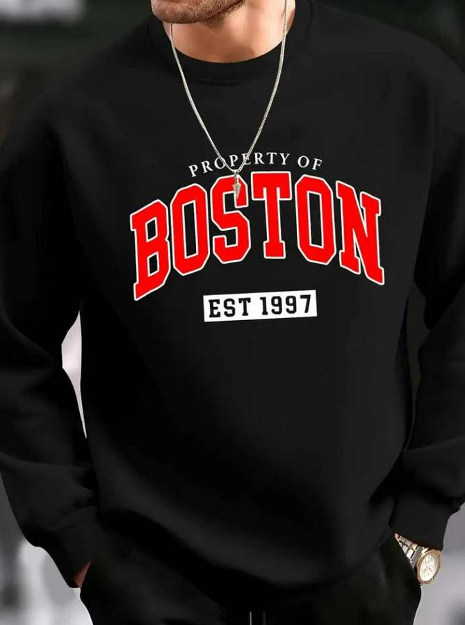 Uzun Kollu Bisiklet Yaka Boston Yazılı Iki Iplik Bluz