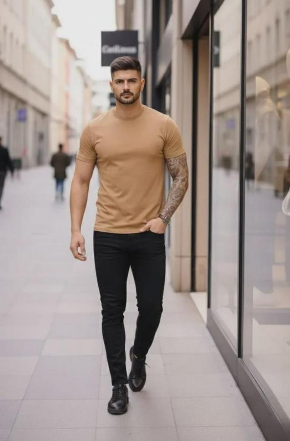 Lü Bisiklet Yaka Tişört – Kısa Kollu Yazlık Slim Fit Body