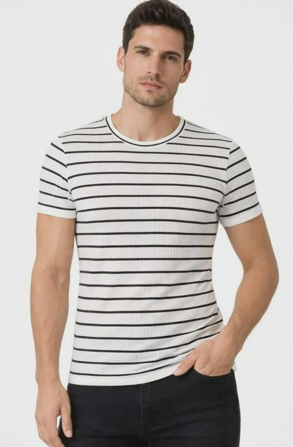 Çizgili Yazlık Triko T-Shirt Slim Fit Dar Kesim Body Bisiklet Yaka