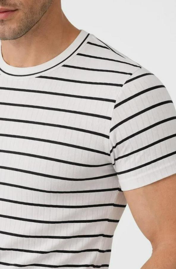 Çizgili Yazlık Triko T-Shirt Slim Fit Dar Kesim Body Bisiklet Yaka