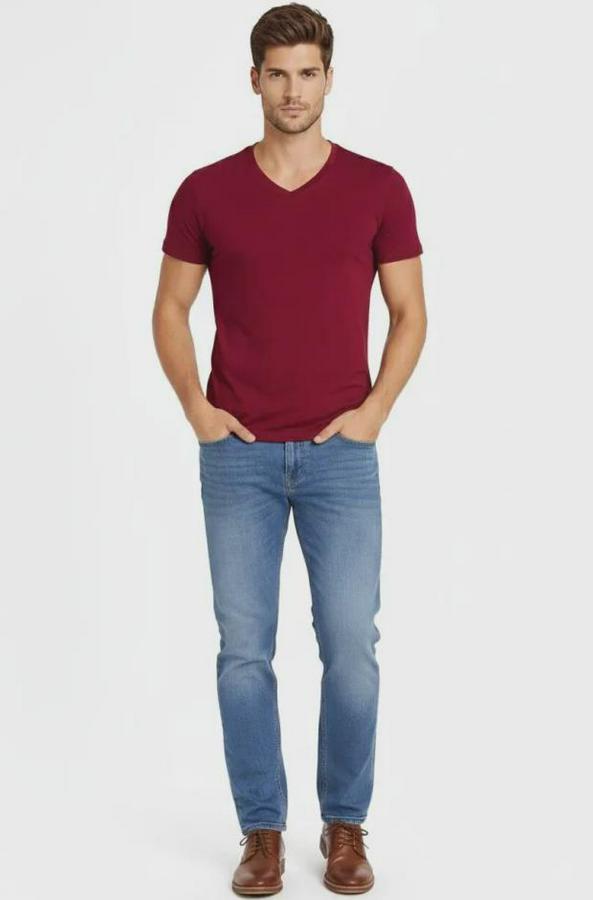 T-Shirt V Yaka Slim Fit Dar Kesim Likralı Tişört Günlük Basic Body