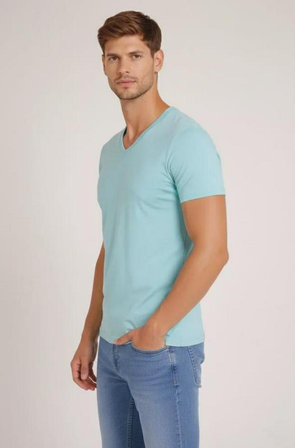 T-Shirt V Yaka Slim Fit Dar Kesim Likralı Tişört Günlük Basic Body