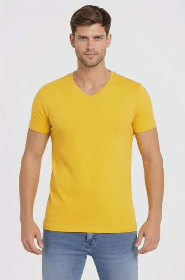 T-Shirt V Yaka Slim Fit Dar Kesim Likralı Tişört Günlük Basic Body