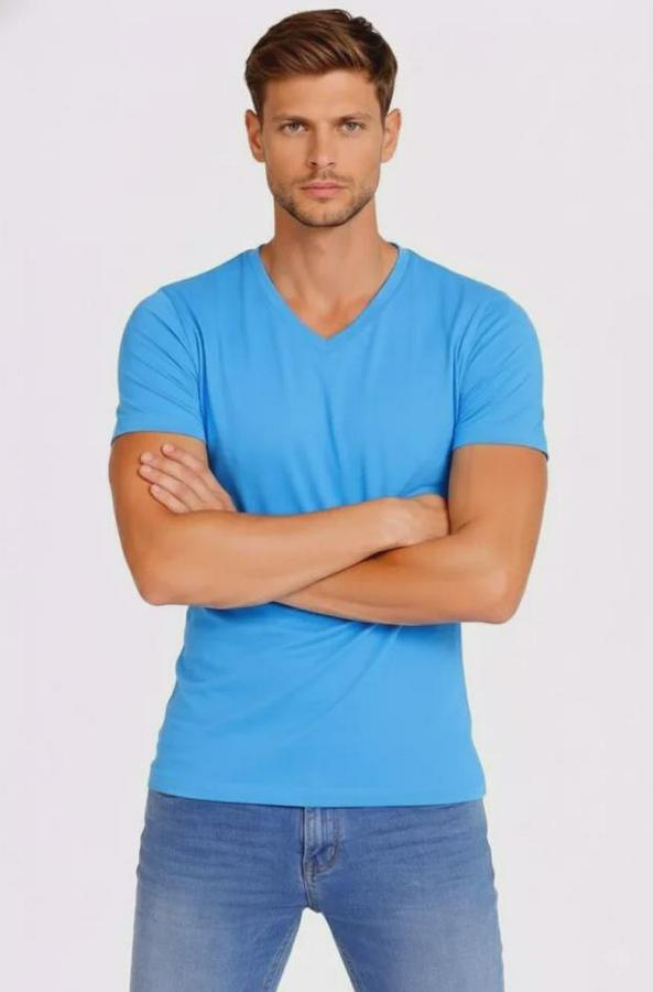 T-Shirt V Yaka Slim Fit Dar Kesim Likralı Tişört Günlük Basic Body