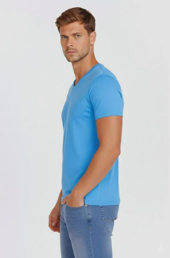 T-Shirt V Yaka Slim Fit Dar Kesim Likralı Tişört Günlük Basic Body