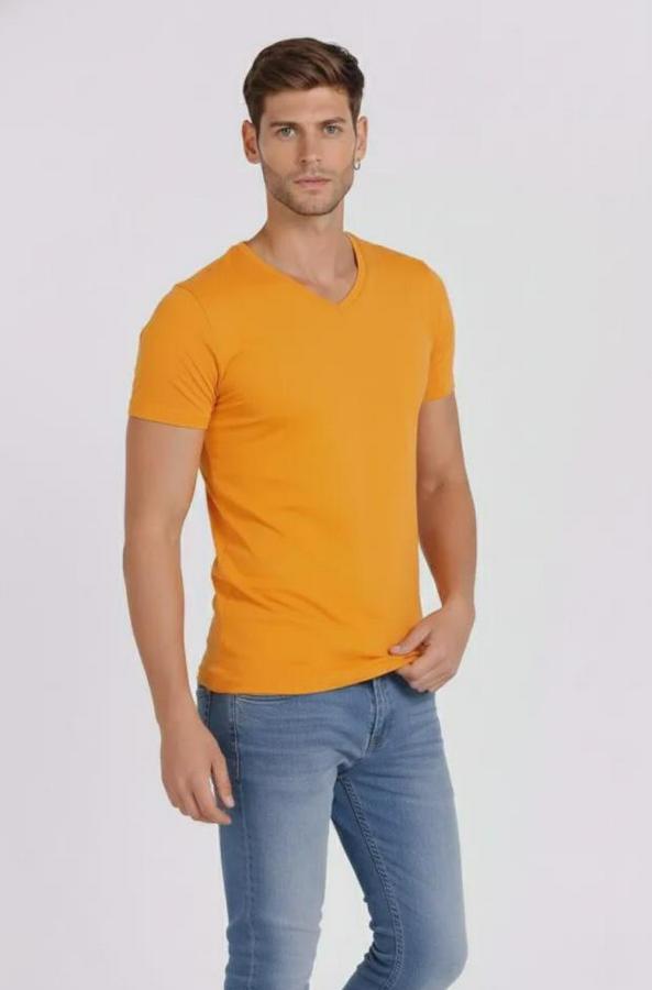 T-Shirt V Yaka Slim Fit Dar Kesim Likralı Tişört Günlük Basic Body