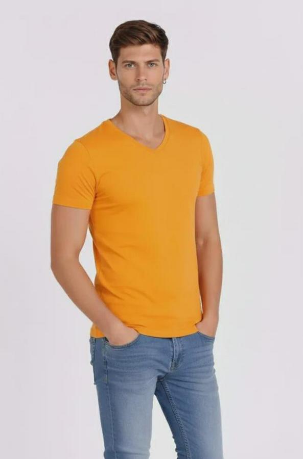 T-Shirt V Yaka Slim Fit Dar Kesim Likralı Tişört Günlük Basic Body