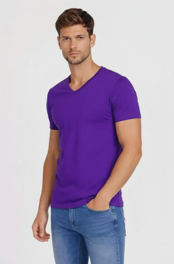 T-Shirt V Yaka Slim Fit Dar Kesim Likralı Tişört Günlük Basic Body