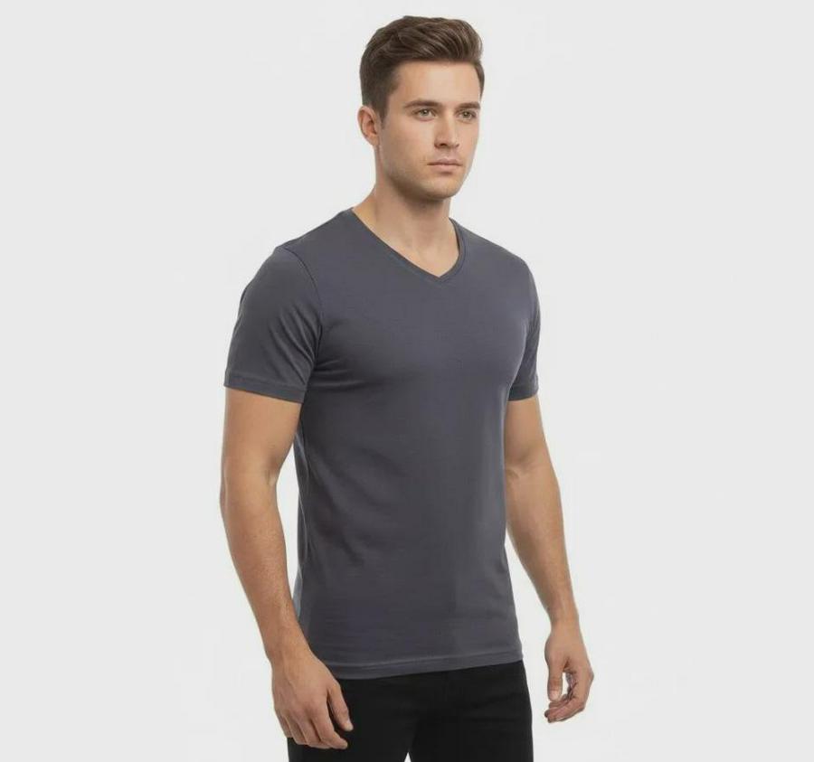 T-Shirt V Yaka Slim Fit Dar Kesim Likralı Tişört Günlük Basic Body