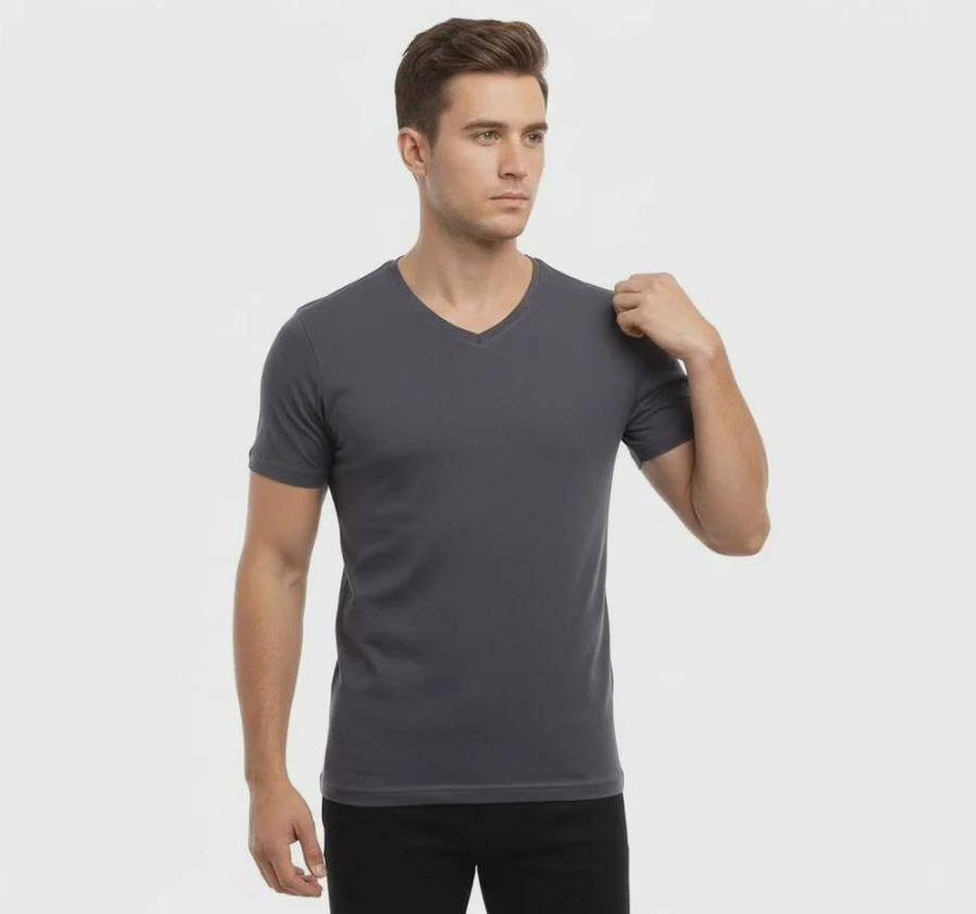 T-Shirt V Yaka Slim Fit Dar Kesim Likralı Tişört Günlük Basic Body