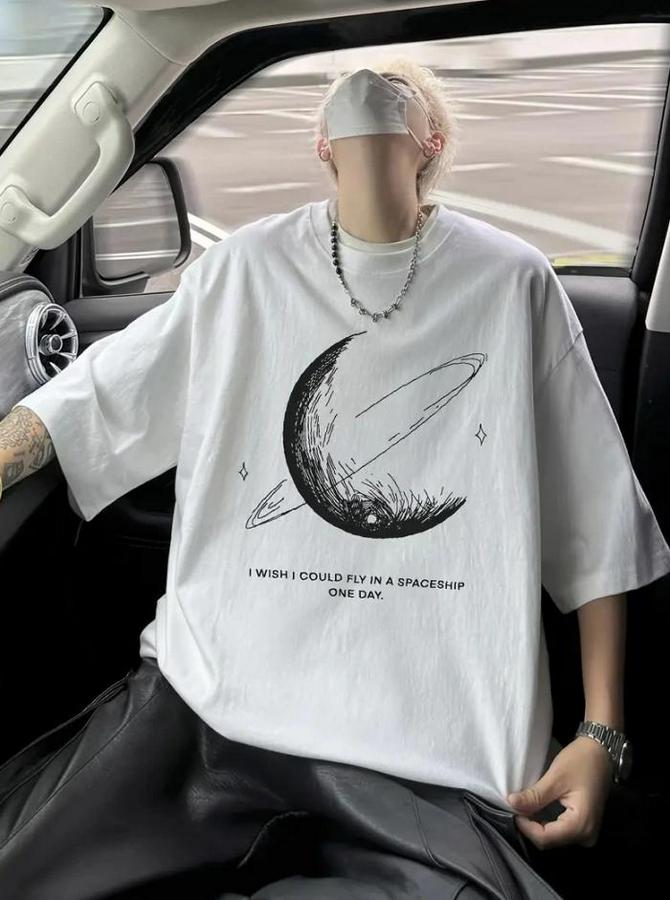 Baskılı Oversize Bisiklet Yaka T-Shirt