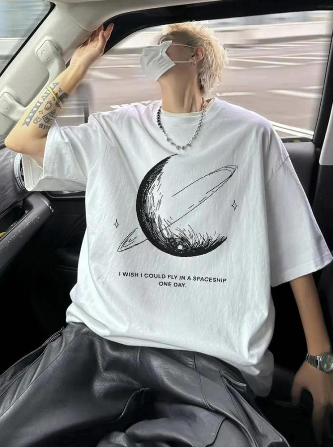 Baskılı Oversize Bisiklet Yaka T-Shirt