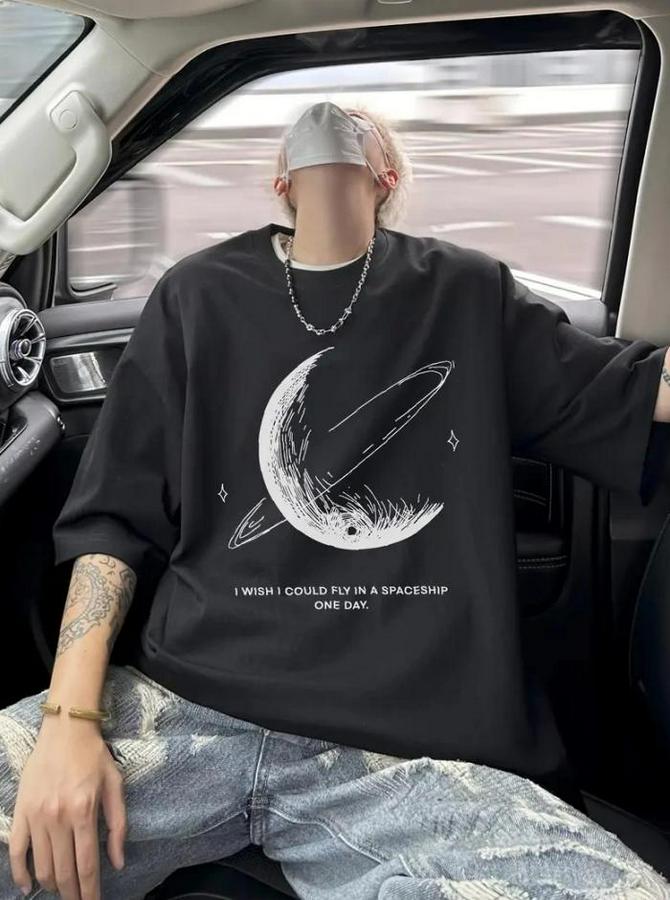 Baskılı Oversize Bisiklet Yaka T-Shirt