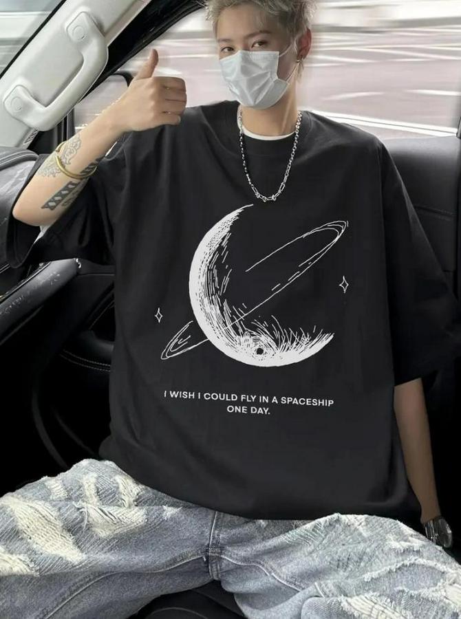 Baskılı Oversize Bisiklet Yaka T-Shirt