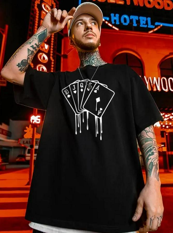 Büyük Beden Kart Baskılı Düz Renk Kısa Kollu Bisiklet Yaka Tişört Gündelik Giyim