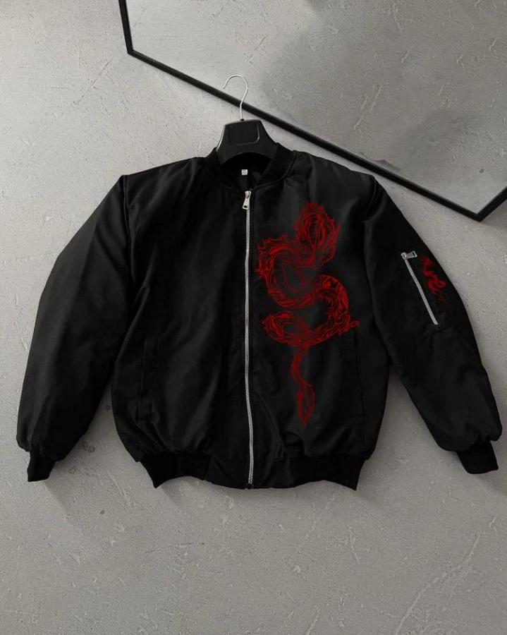 Tam Fermuarlı Uzun Kol Baskılı Bomber Ceket