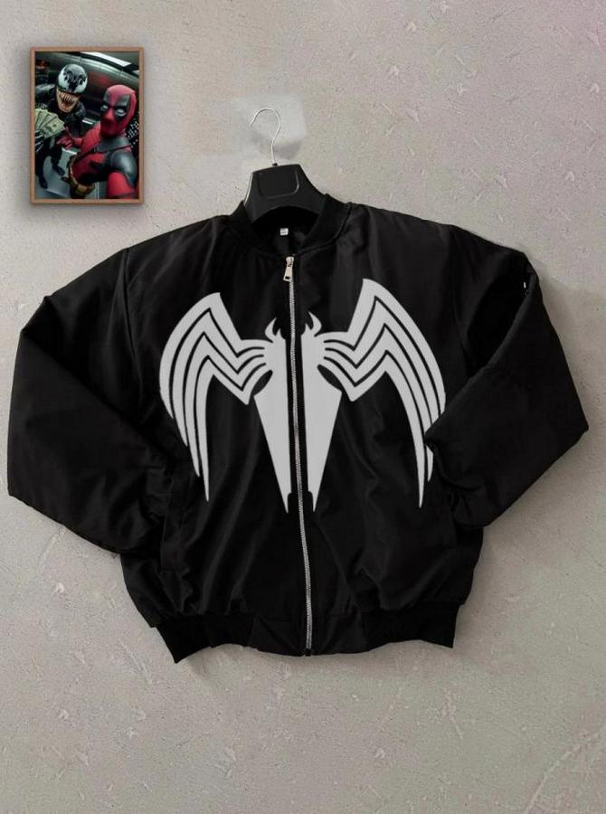 Tam Fermuarlı Uzun Kol Baskılı Bomber Ceket