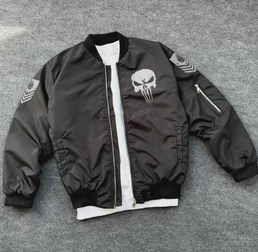 Unisex Uzun Kol Kuru Kafa Baskılı Bomber Ceket